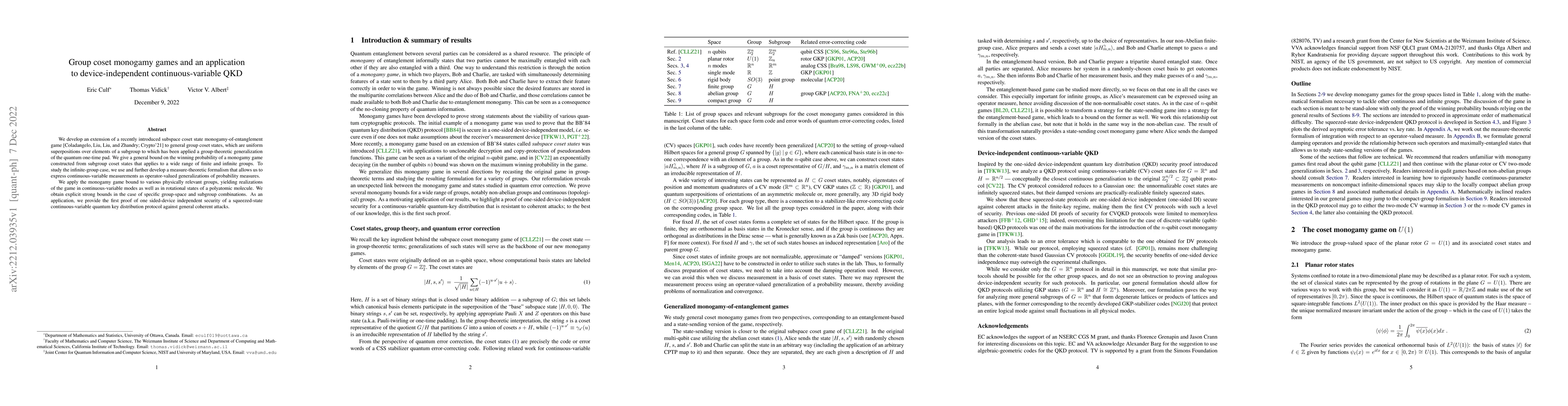 Thumbnail for Group coset monogamy games and an application to device-independent
  continuous-variable QKD