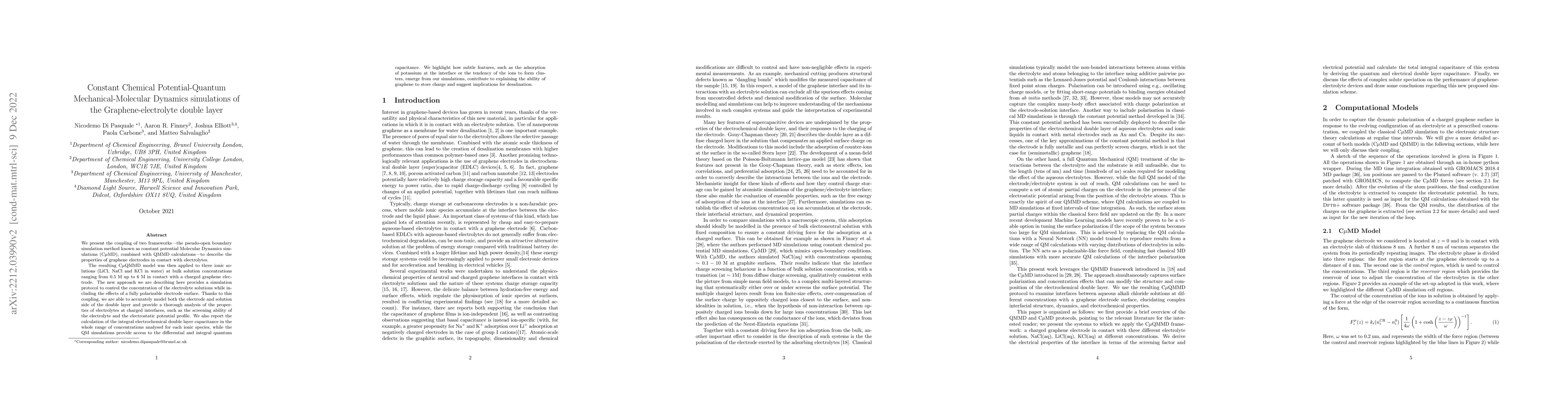 Thumbnail for Constant Chemical Potential-Quantum Mechanical-Molecular Dynamics
  simulations of the Graphene-electrolyte double layer