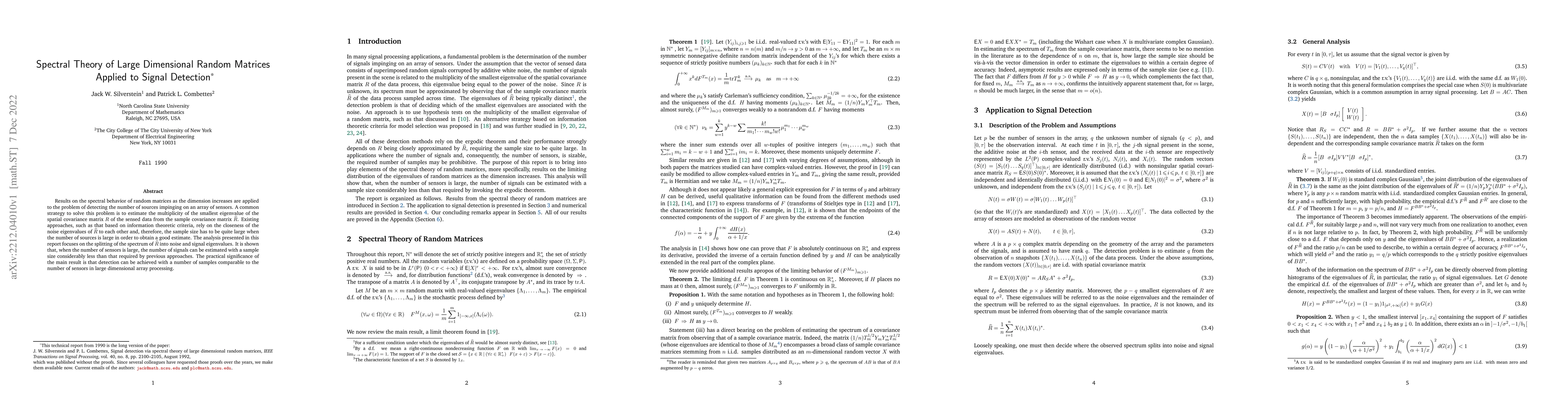 Thumbnail for Spectral Theory of Large Dimensional Random Matrices Applied to Signal
  Detection