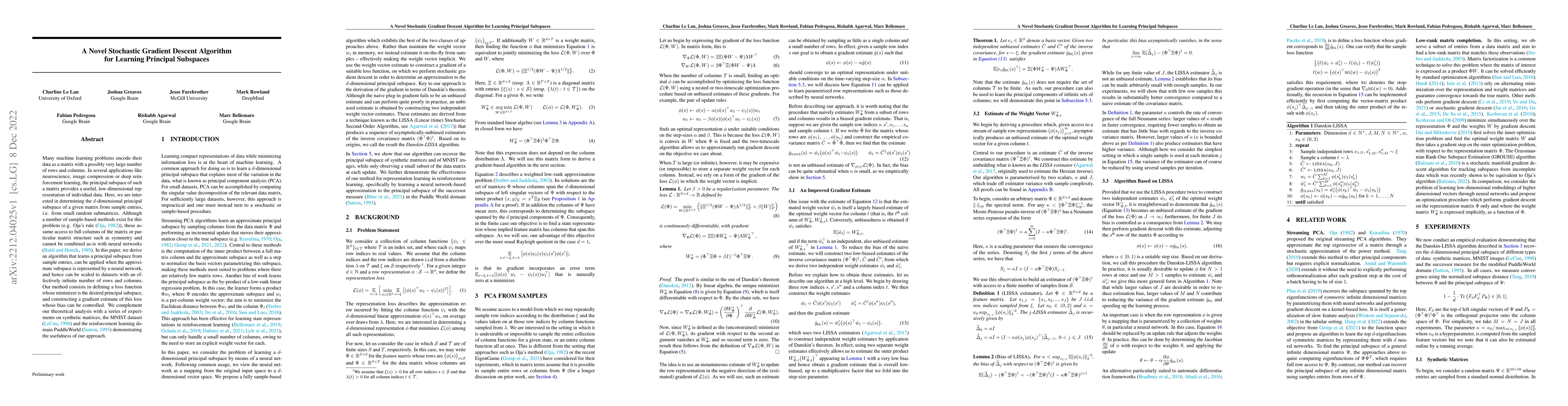 Thumbnail for A Novel Stochastic Gradient Descent Algorithm for Learning Principal
  Subspaces