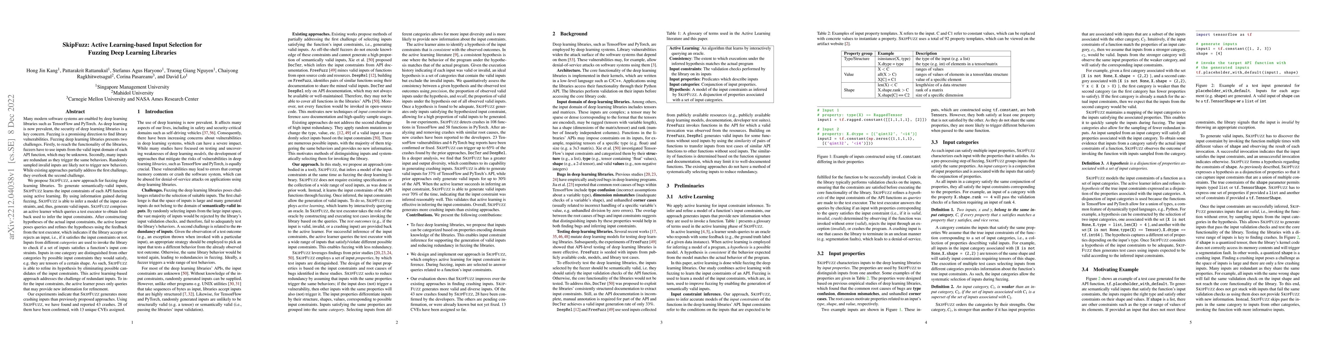 Thumbnail for SkipFuzz: Active Learning-based Input Selection for Fuzzing Deep
  Learning Libraries