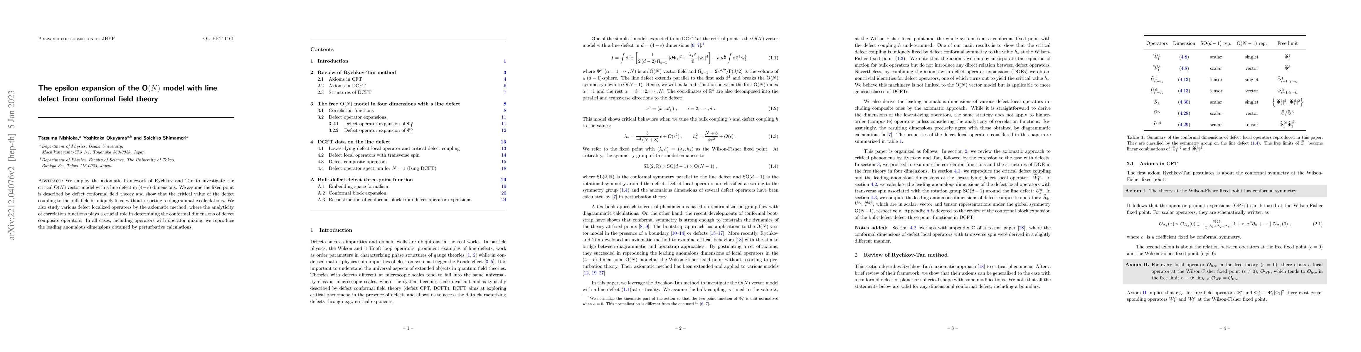 Thumbnail for The epsilon expansion of the O$(N)$ model with line defect from
  conformal field theory