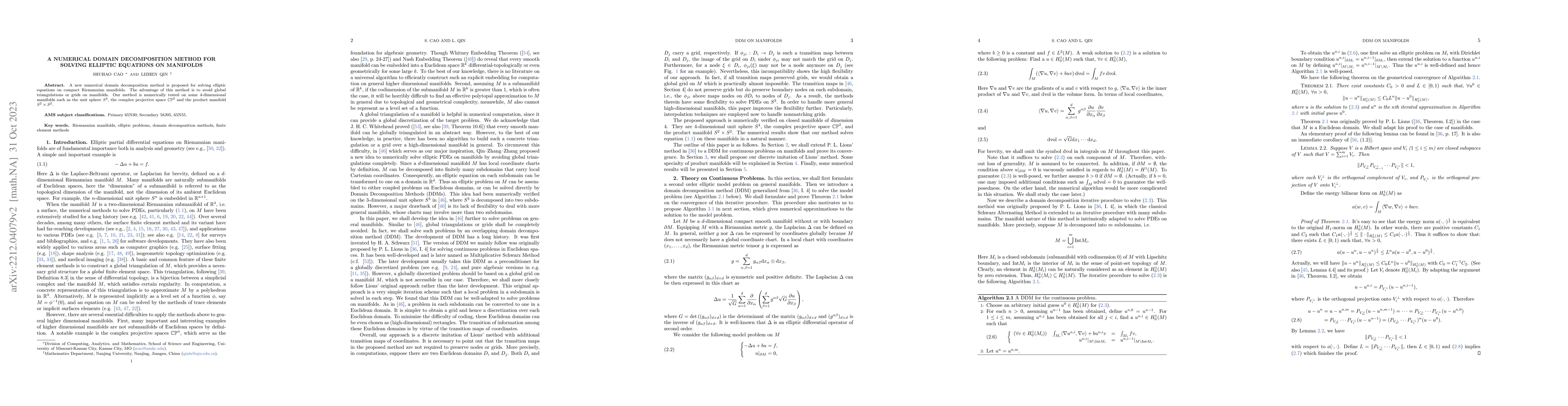 Thumbnail for A numerical domain decomposition method for solving elliptic equations
  on manifolds