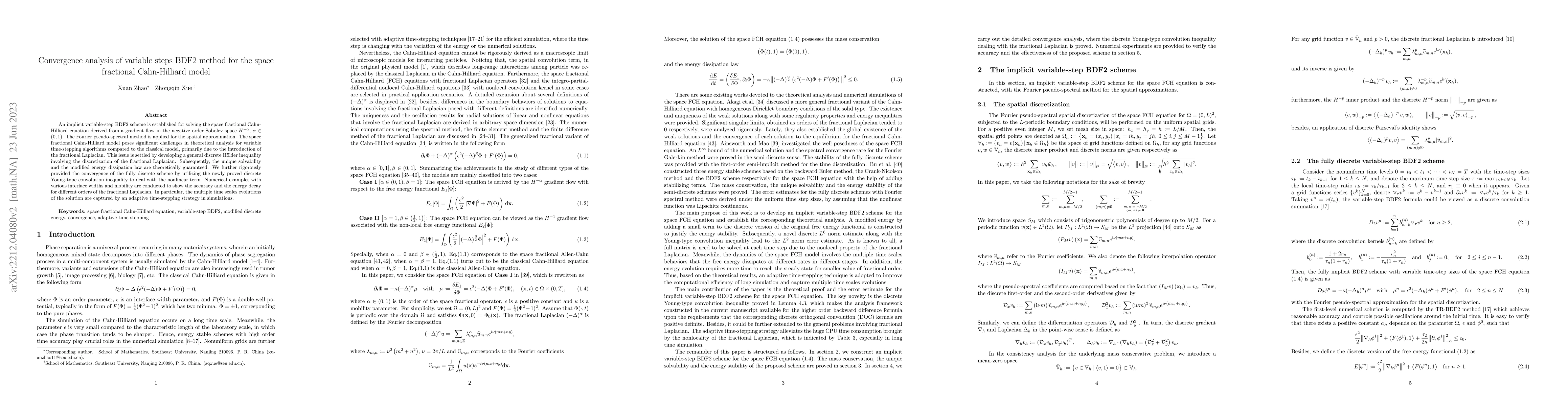 Thumbnail for Convergence analysis of variable steps BDF2 method for the space
  fractional Cahn-Hilliard model
