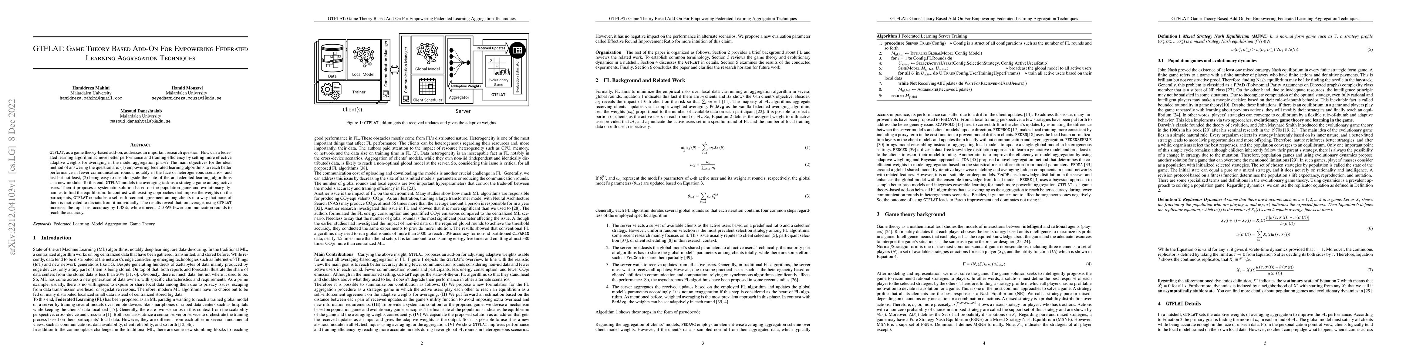 Thumbnail for GTFLAT: Game Theory Based Add-On For Empowering Federated Learning
  Aggregation Techniques