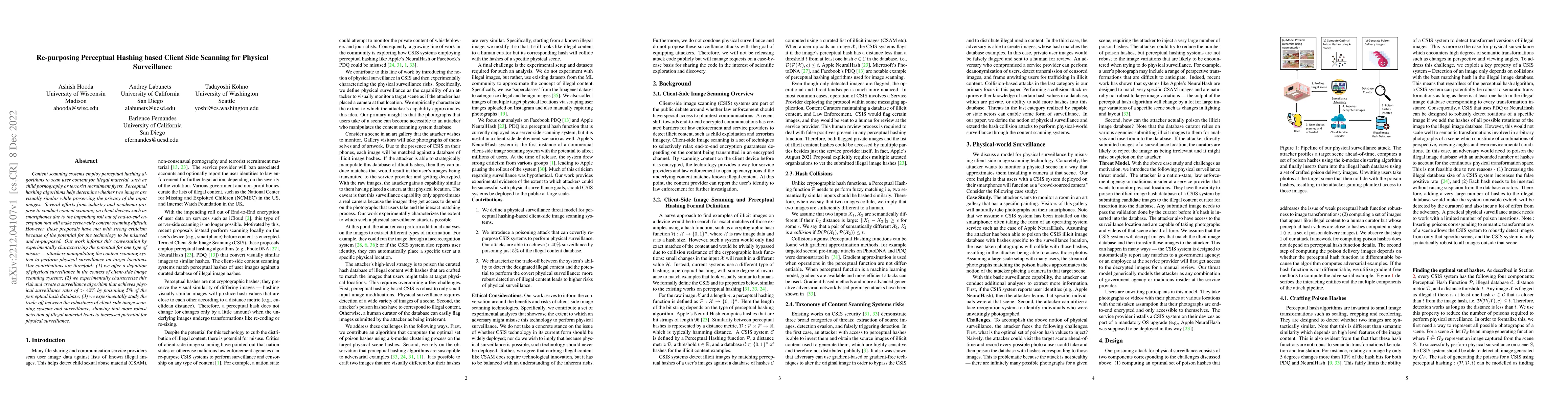 Thumbnail for Re-purposing Perceptual Hashing based Client Side Scanning for Physical
  Surveillance