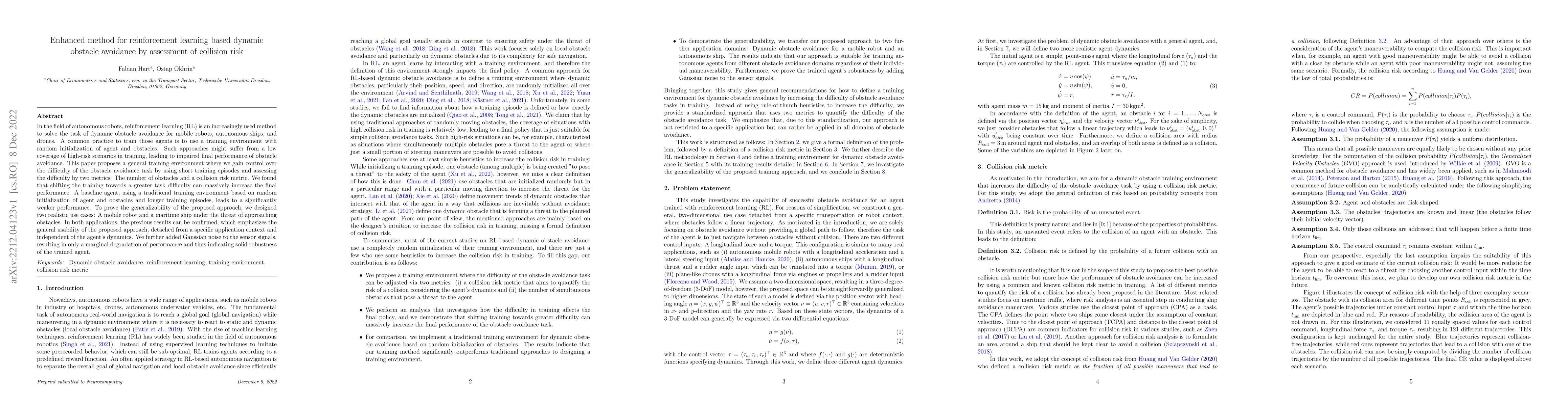 Thumbnail for Enhanced method for reinforcement learning based dynamic obstacle
  avoidance by assessment of collision risk