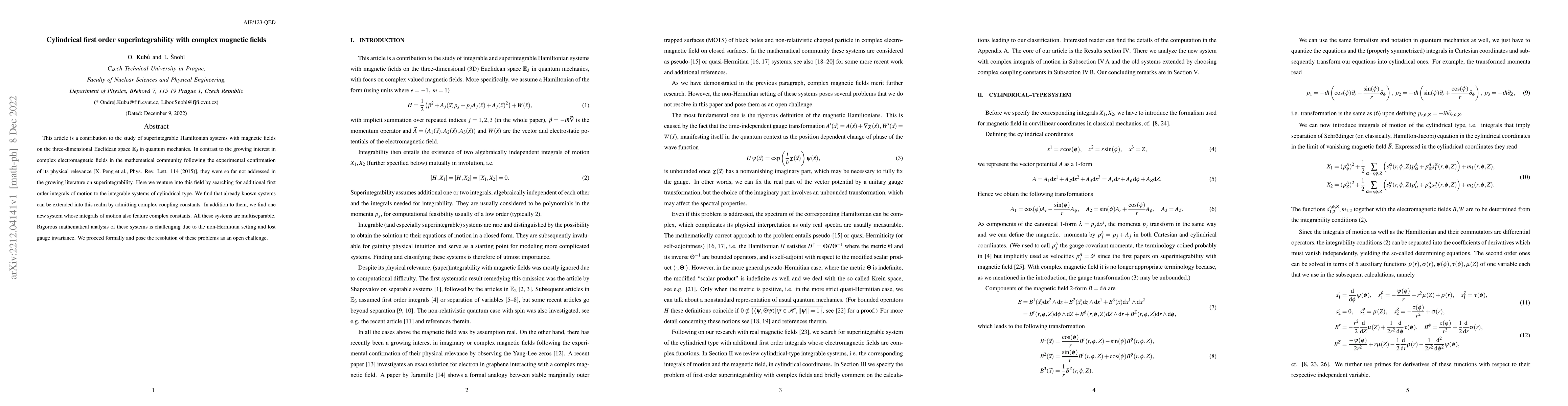 Thumbnail for Cylindrical first order superintegrability with complex magnetic fields