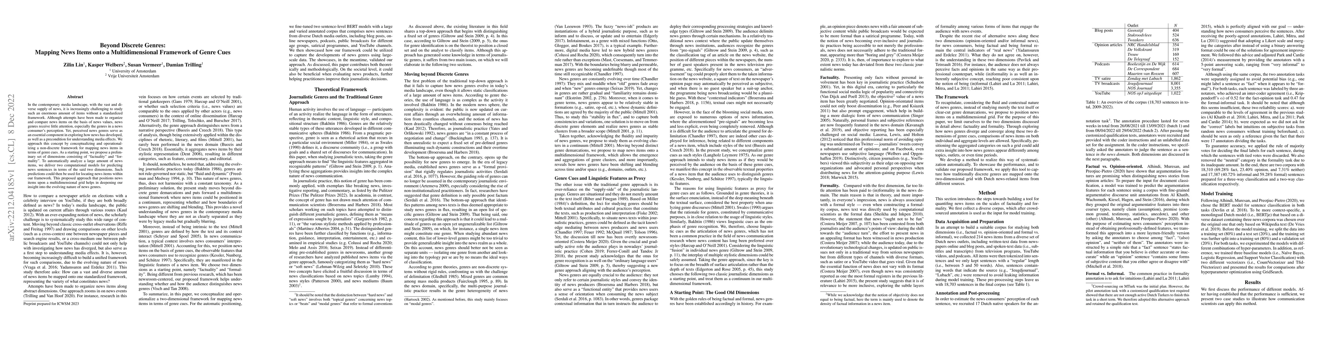 Thumbnail for Beyond Discrete Genres: Mapping News Items onto a Multidimensional
  Framework of Genre Cues