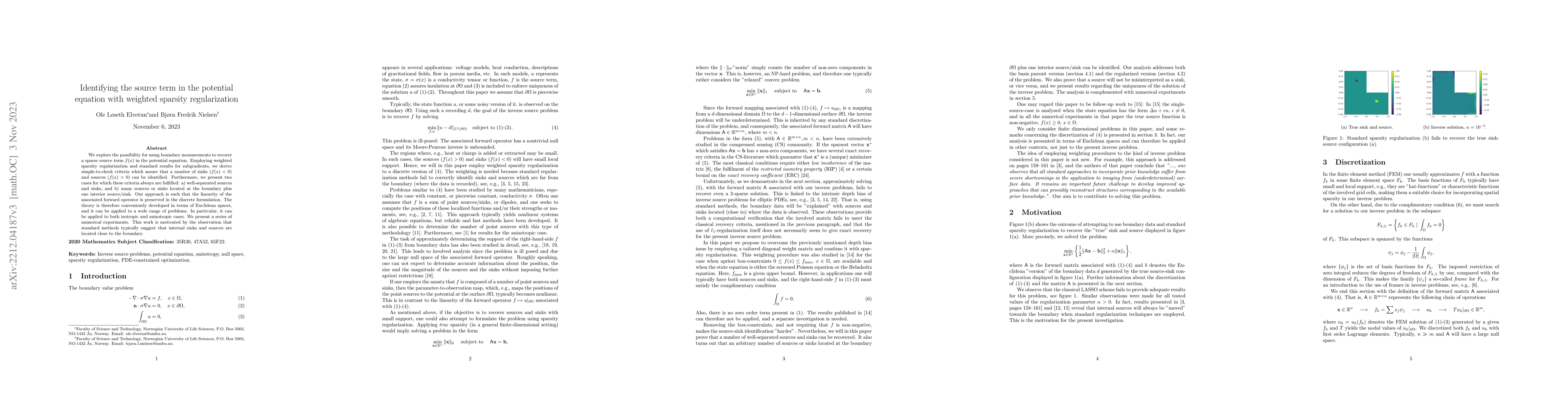 Thumbnail for Identifying the source term in the potential equation with weighted
  sparsity regularization