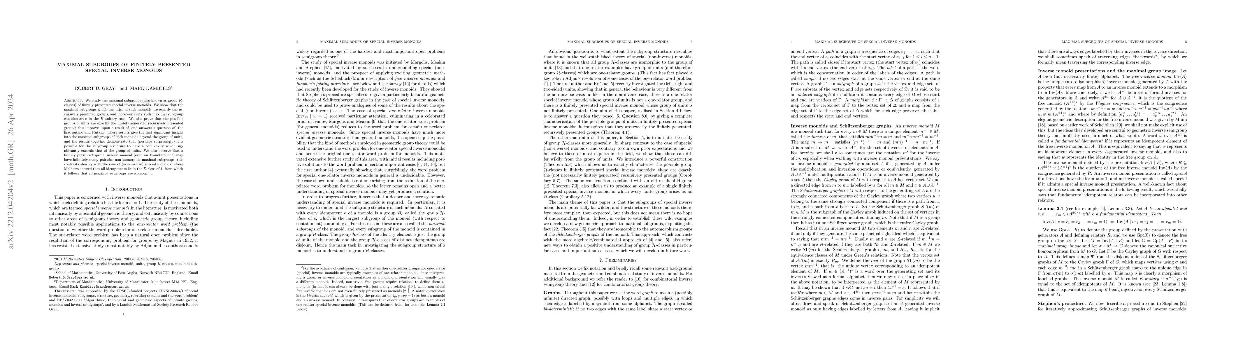 Thumbnail for Maximal subgroups of finitely presented special inverse monoids