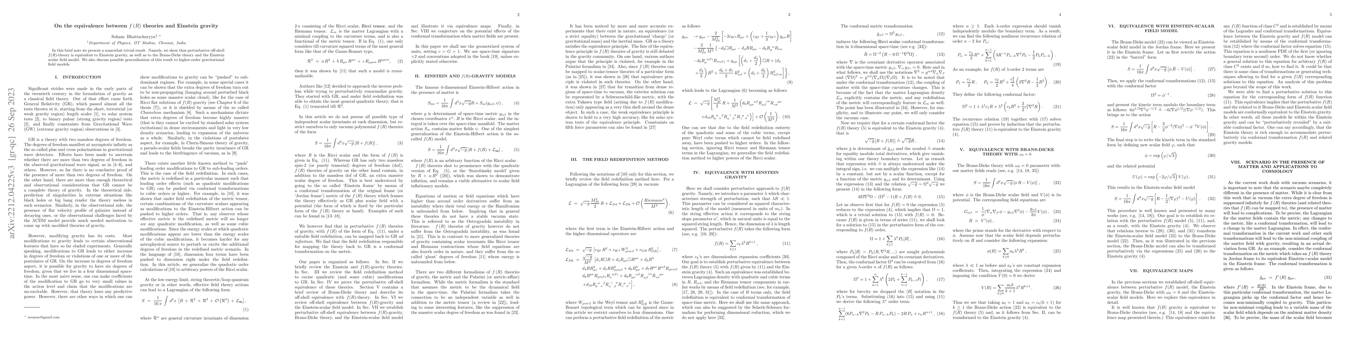 Thumbnail for On the equivalence between $ f\left(R\right) $ theories and Einstein
  gravity