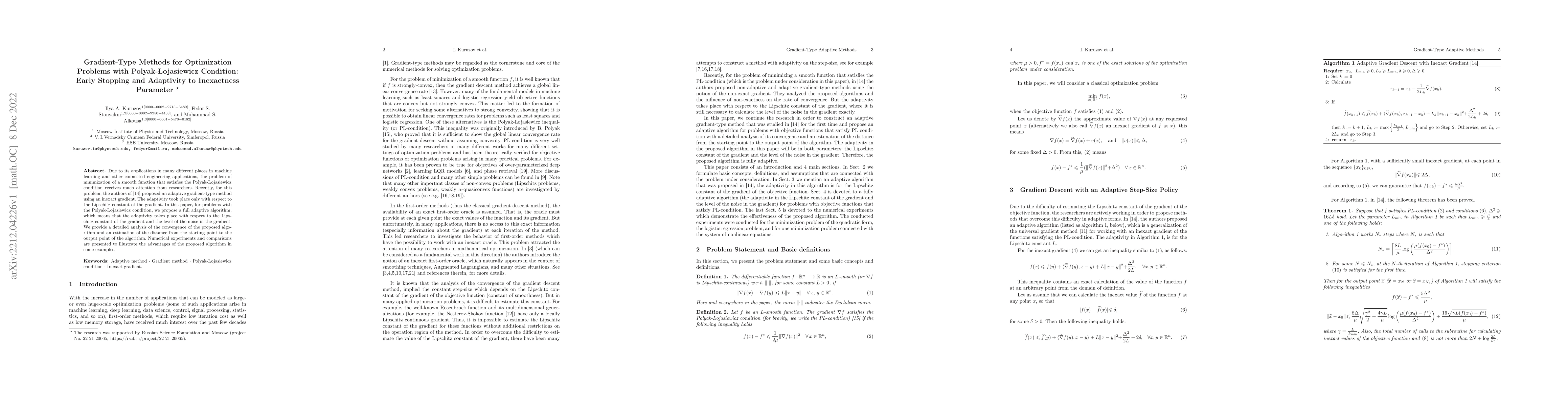 Thumbnail for Gradient-Type Methods for Optimization Problems with
  Polyak-{\L}ojasiewicz Condition: Early Stopping and Adaptivity to Inexactness
  Parameter