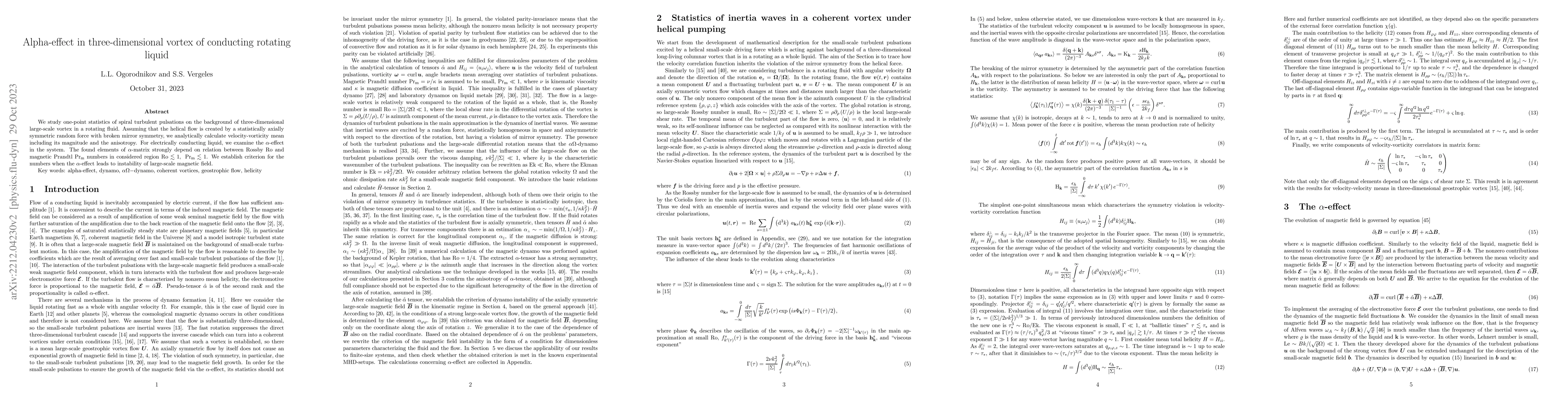 Thumbnail for Alpha-effect in three-dimensional coherent vortex of conducting rotating
  liquid