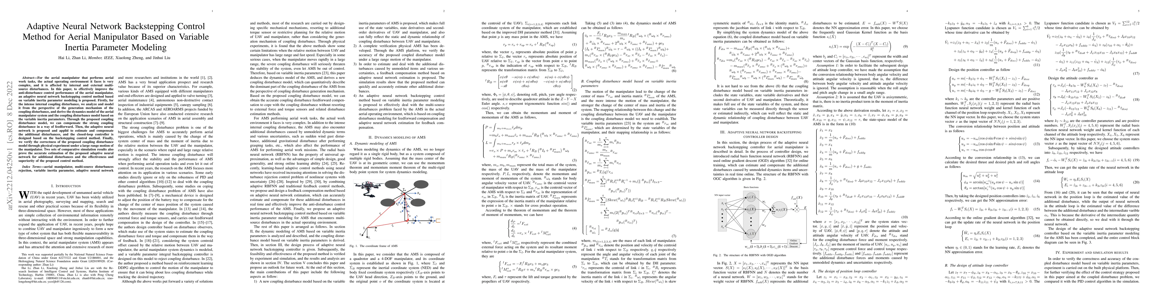 Thumbnail for Adaptive Neural Network Backstepping Control Method for Aerial
  Manipulator Based on Variable Inertia Parameter Modeling