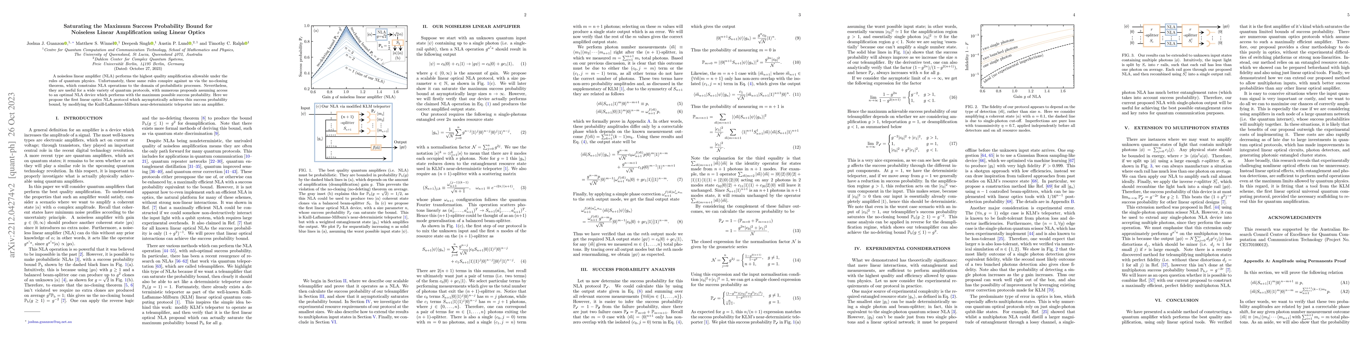 Thumbnail for Saturating the Maximum Success Probability Bound for Noiseless Linear
  Amplification using Linear Optics