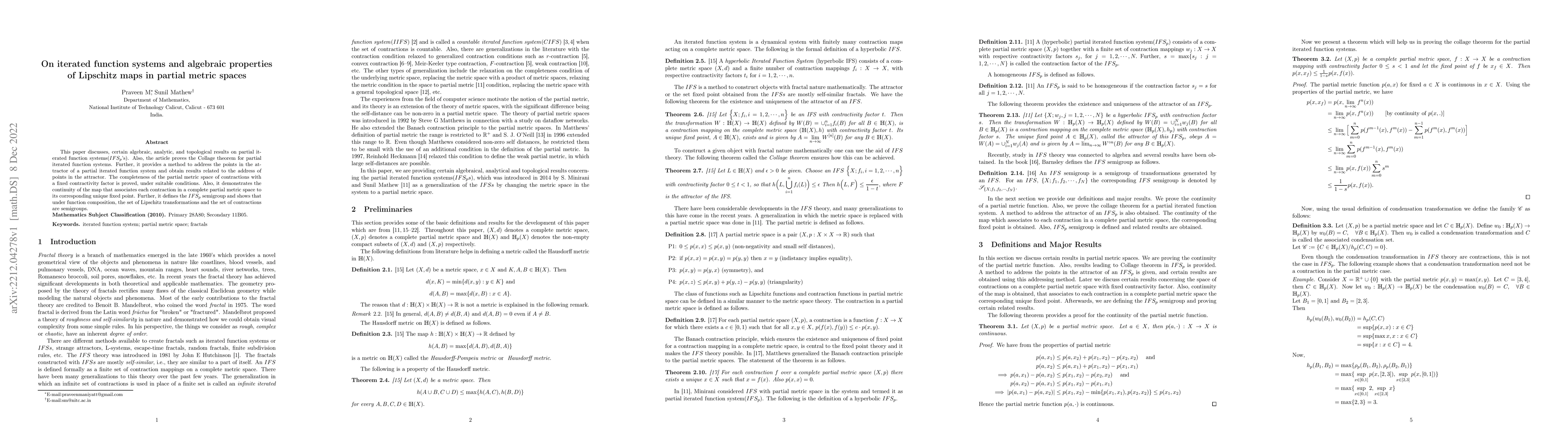 Thumbnail for On iterated function systems and algebraic properties of Lipschitz maps
  in partial metric spaces
