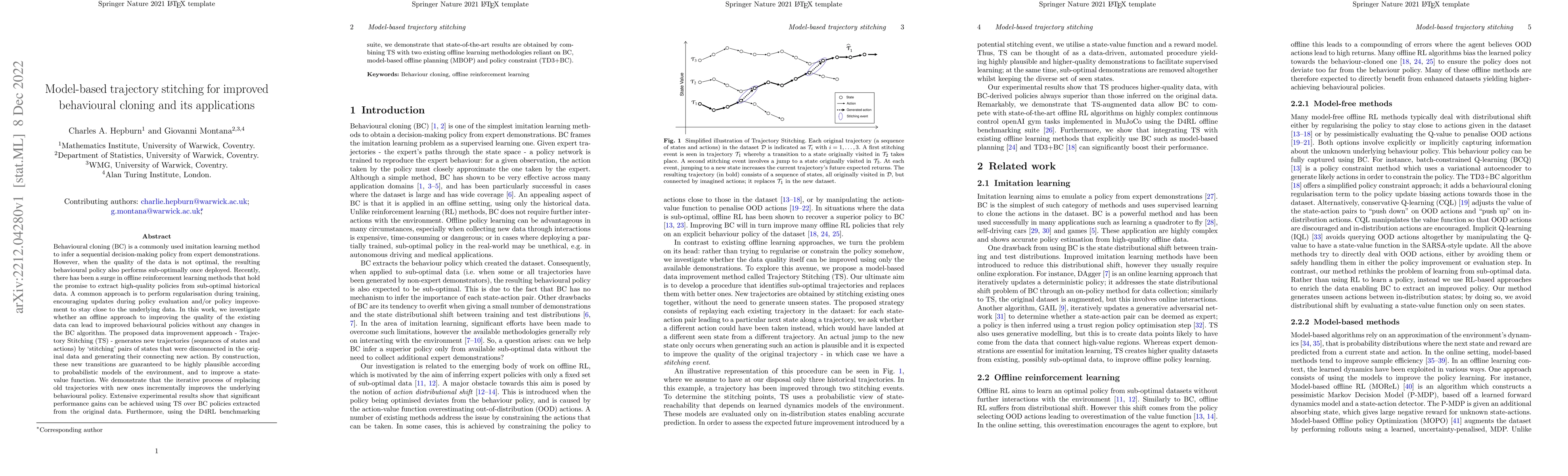 Thumbnail for Model-based trajectory stitching for improved behavioural cloning and
  its applications
