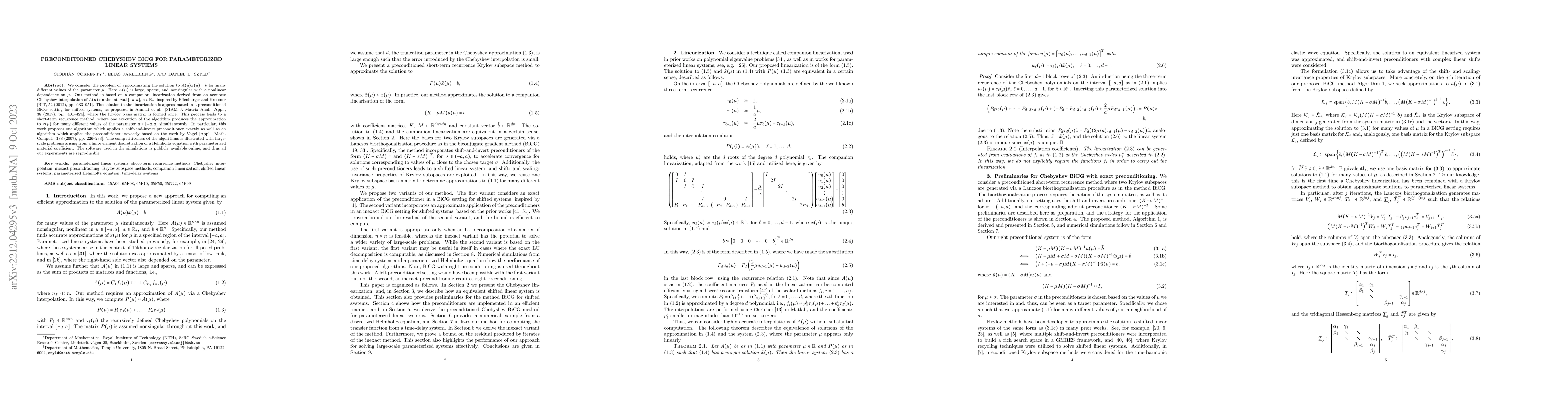 Thumbnail for Preconditioned Chebyshev BiCG for parameterized linear systems