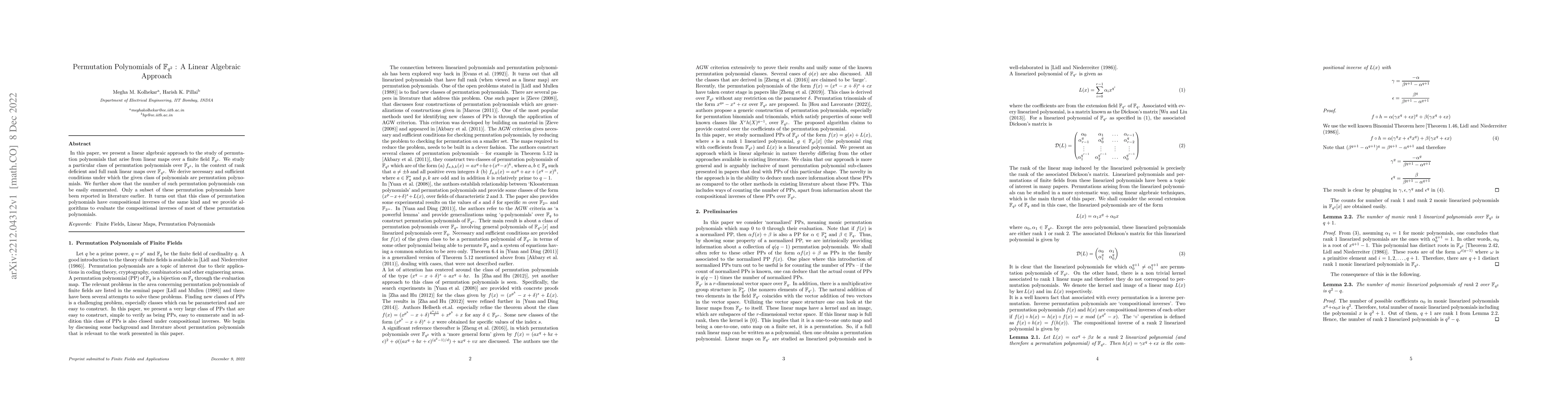Thumbnail for Permutation Polynomials of $\mathbb{F}_{q^2}$ : A Linear Algebraic
  Approach