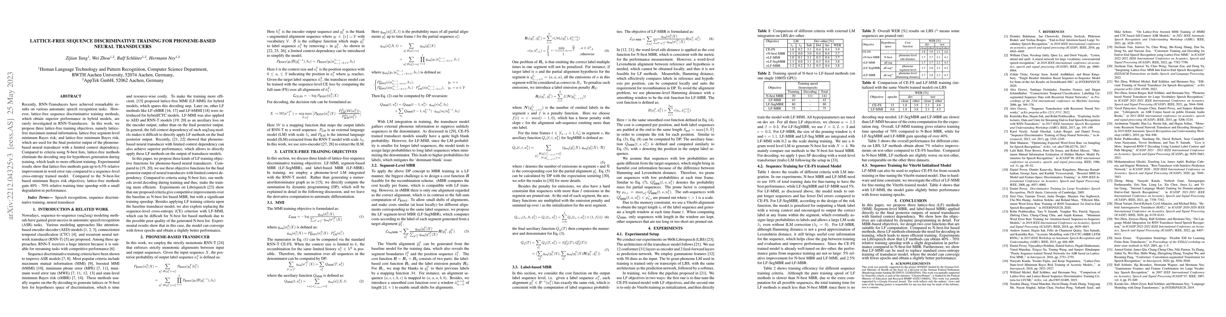 Thumbnail for Lattice-Free Sequence Discriminative Training for Phoneme-Based Neural
  Transducers