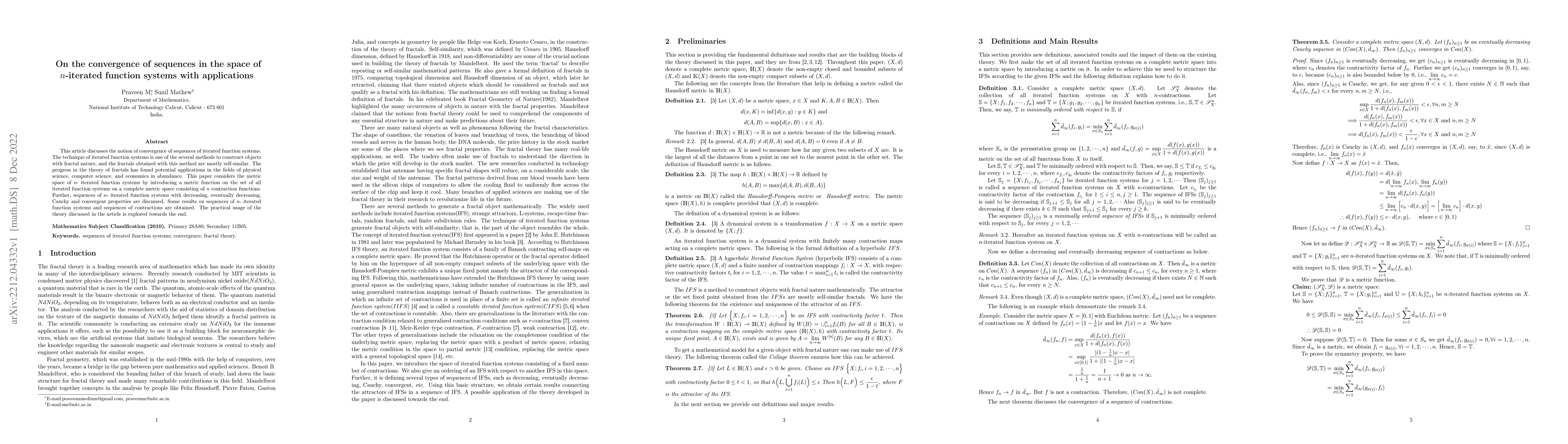 Thumbnail for On the convergence of sequences in the space of $n$-iterated function
  systems with applications
