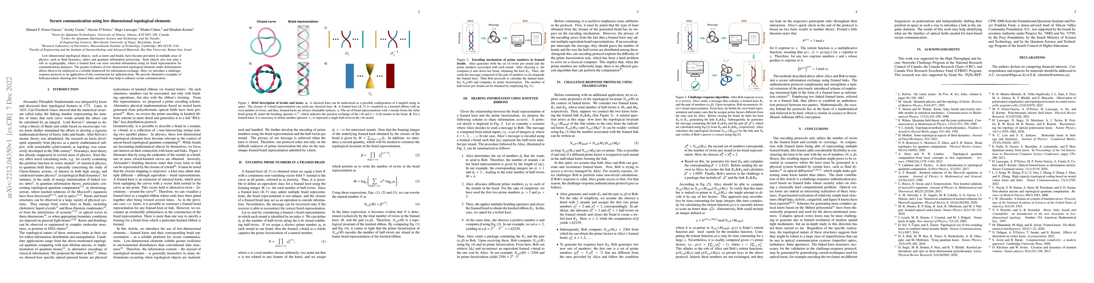 Thumbnail for Secure communication using low dimensional topological elements