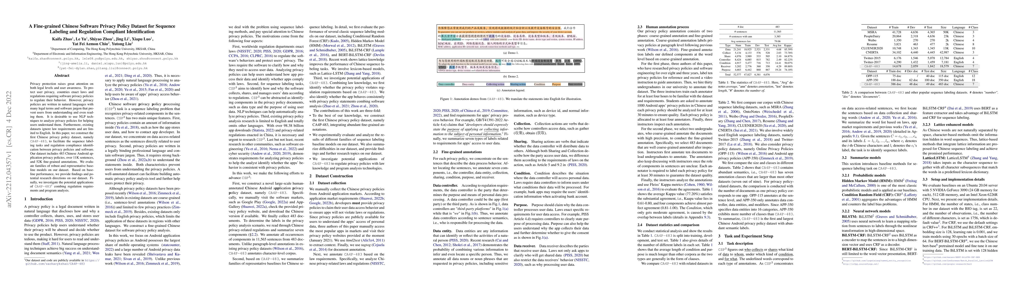 Thumbnail for A Fine-grained Chinese Software Privacy Policy Dataset for Sequence
  Labeling and Regulation Compliant Identification
