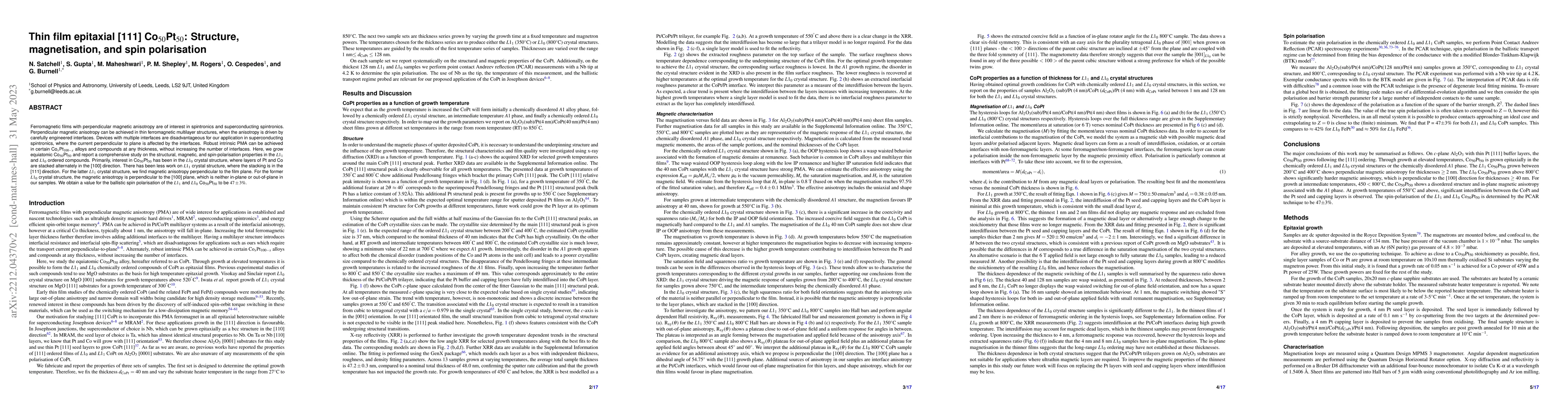 Thumbnail for Thin film epitaxial [111] Co$_{50}$Pt$_{50}$: Structure, magnetisation,
  and spin polarisation