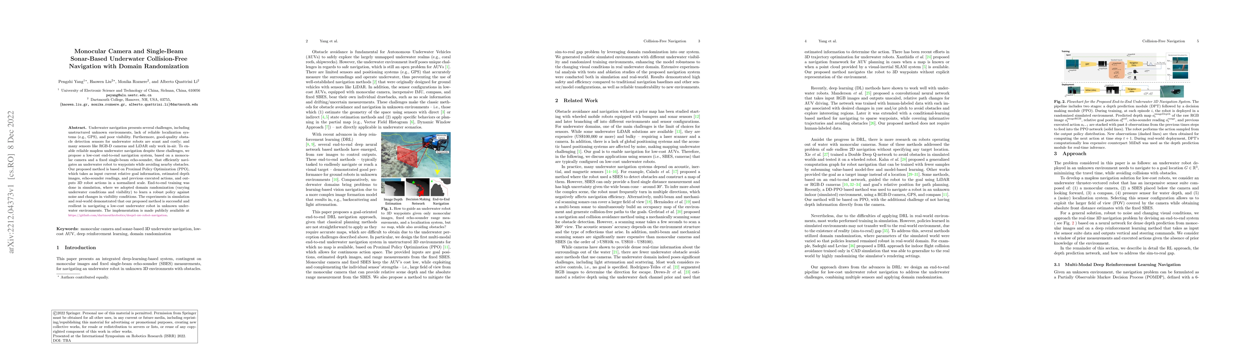 Thumbnail for Monocular Camera and Single-Beam Sonar-Based Underwater Collision-Free
  Navigation with Domain Randomization
