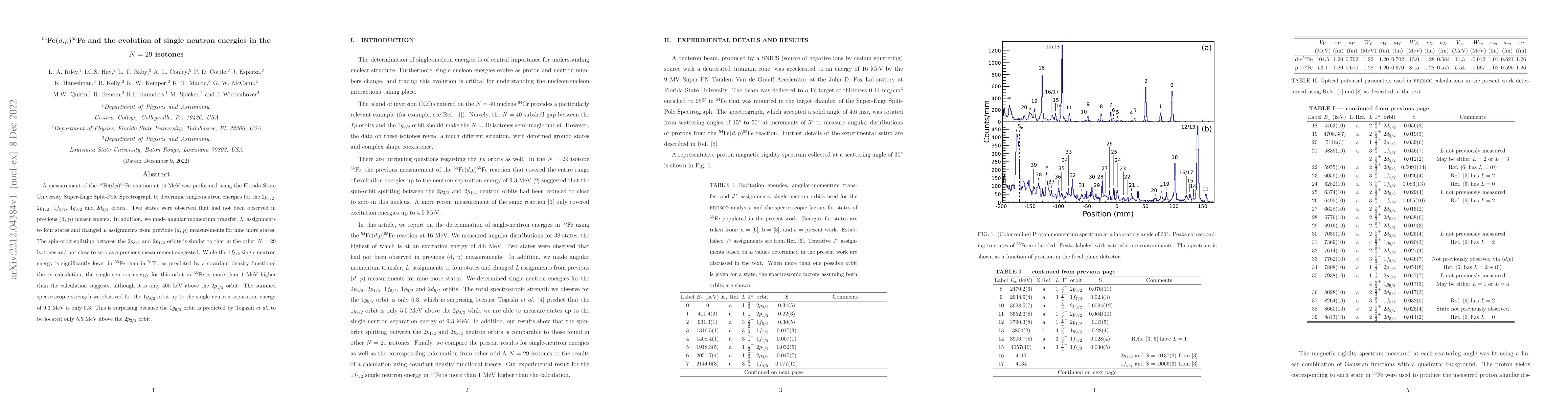 Thumbnail for $^{54}$Fe($d$,$p$)$^{55}$Fe and the evolution of single neutron energies
  in the $N=29$ isotones