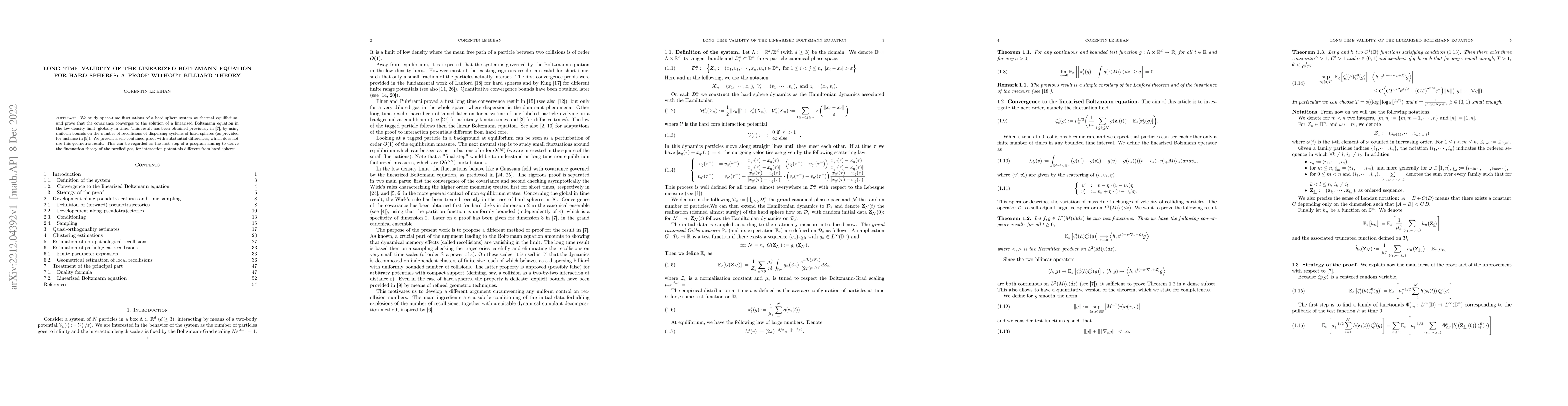 Thumbnail for Long time validity of the linearized Boltzmann equation for hard
  spheres: a proof without billiard theory