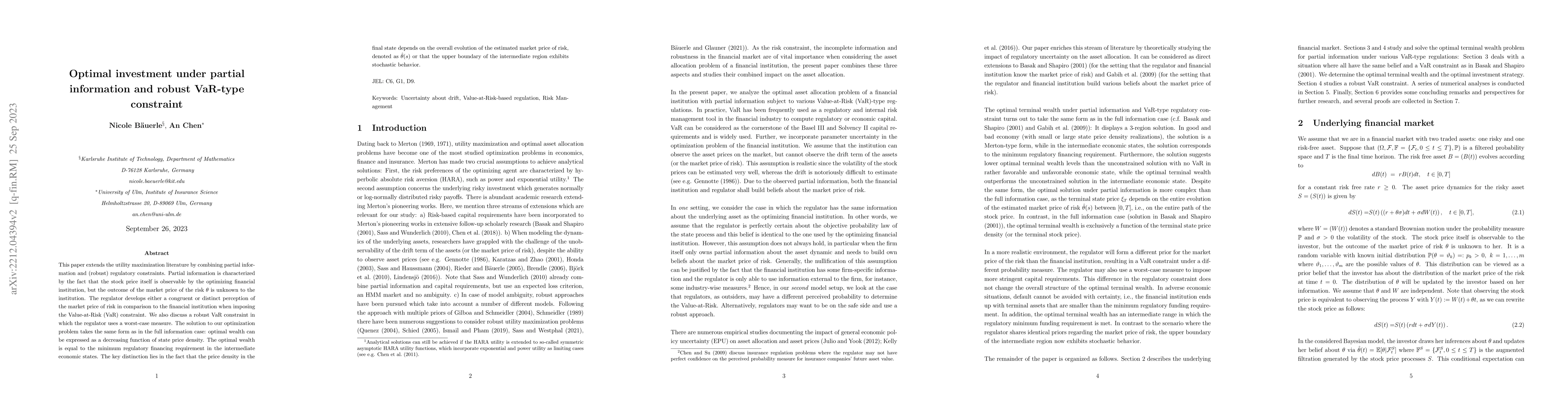 Thumbnail for Optimal investment under partial information and robust VaR-type
  constraint
