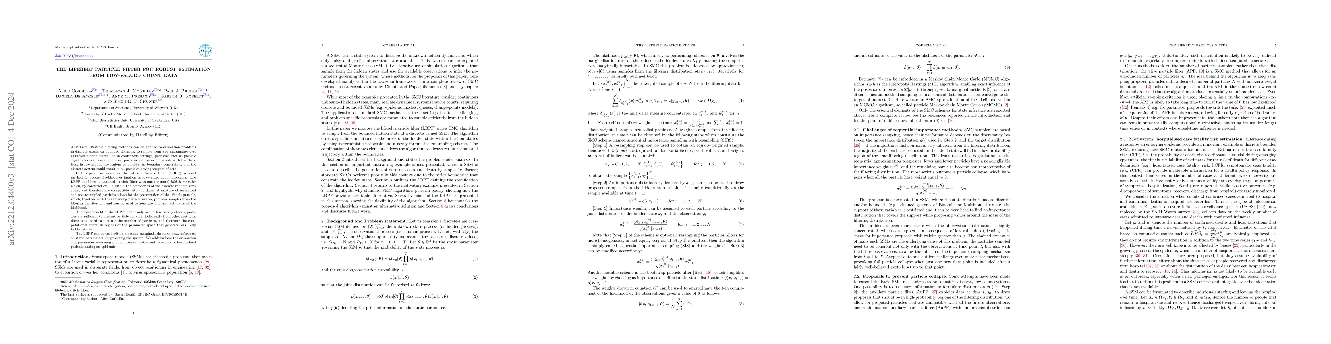 Thumbnail for The Lifebelt Particle Filter for robust estimation from low-valued count
  data