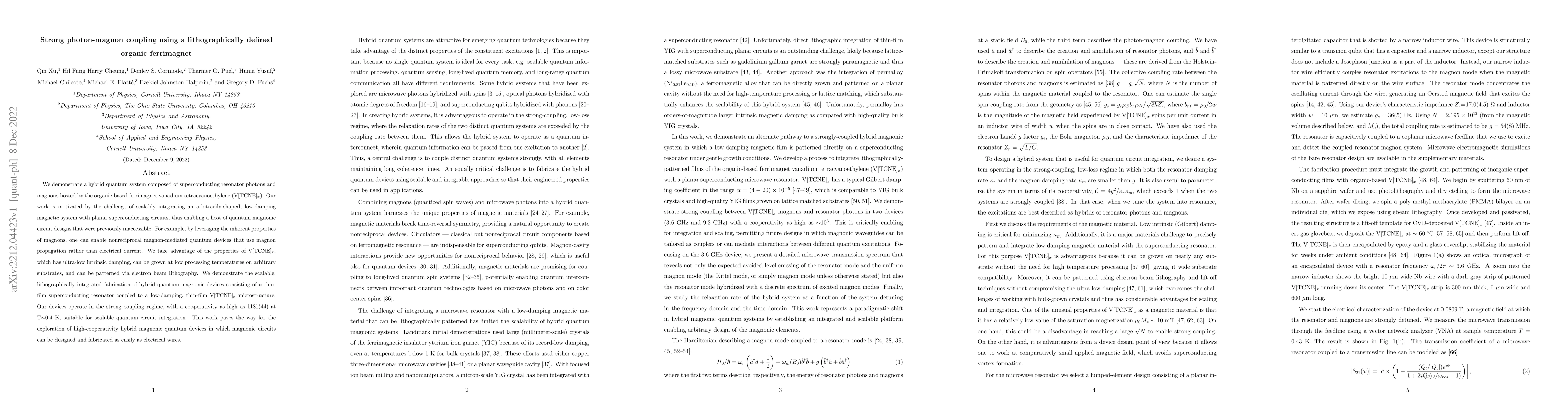 Thumbnail for Strong photon-magnon coupling using a lithographically defined organic
  ferrimagnet