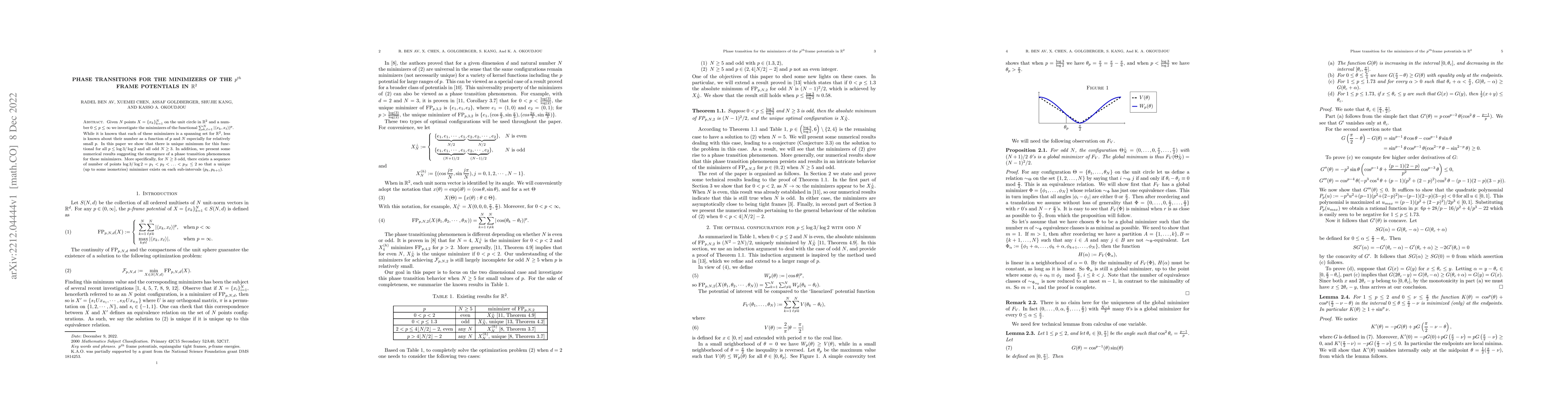 Thumbnail for Phase transitions for frame potentials]{Phase transitions for the
  minimizers of the $p^{th}$ frame potentials in $\mathbb{R}^2$