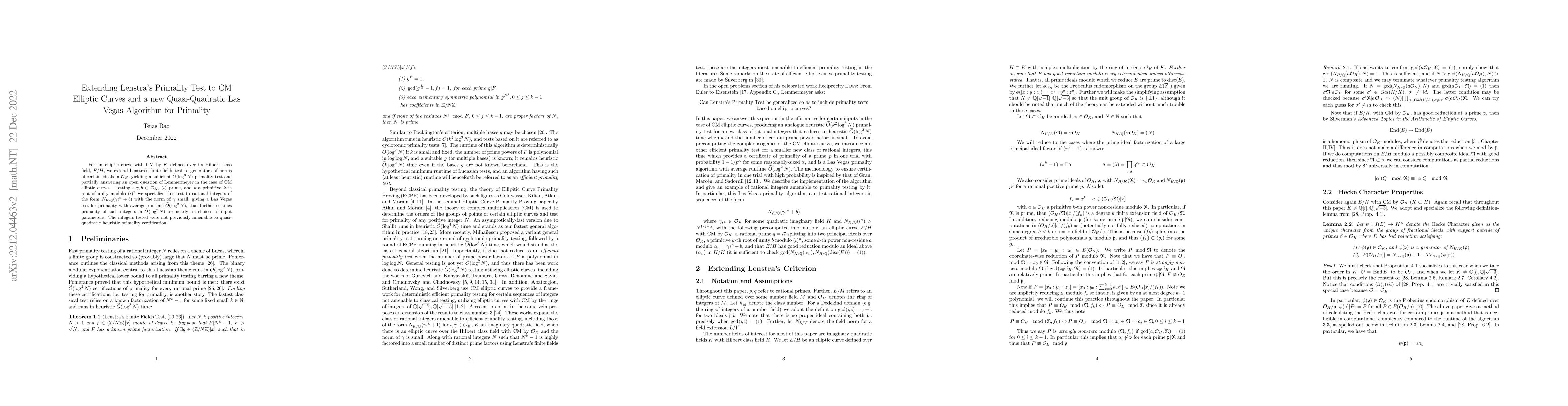 Thumbnail for Extending Lenstra's Primality Test to CM elliptic curves and a new
  quasi-quadratic Las Vegas algorithm for primality