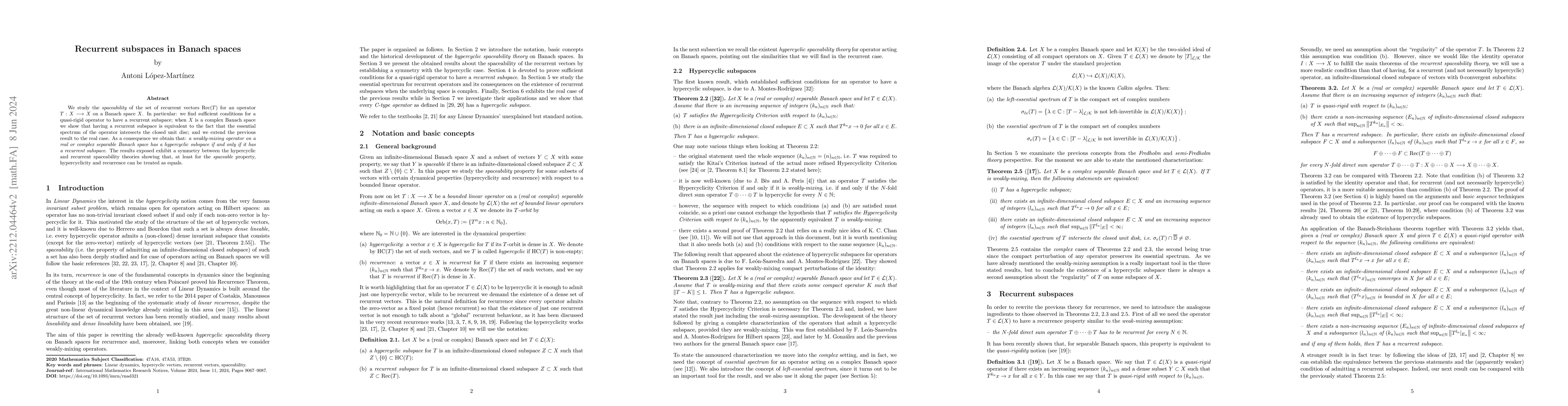 Thumbnail for Recurrent subspaces in Banach spaces