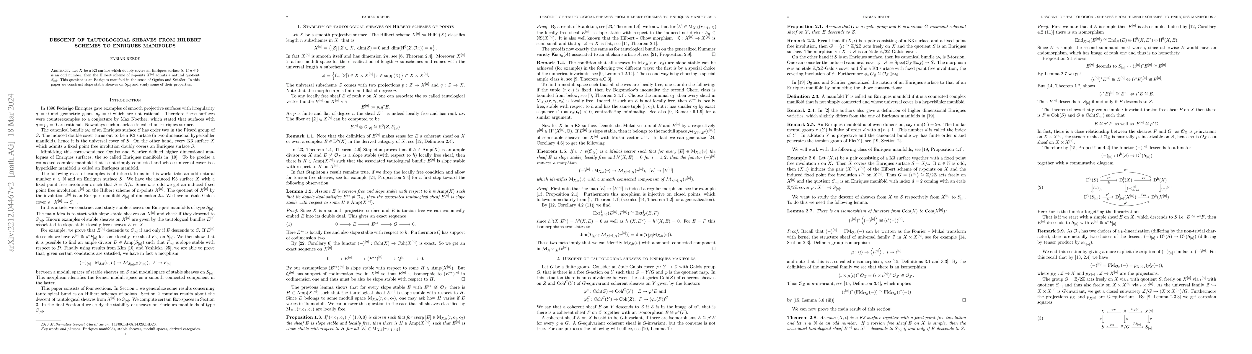 Thumbnail for Descent of tautological sheaves from Hilbert schemes to Enriques
  manifolds