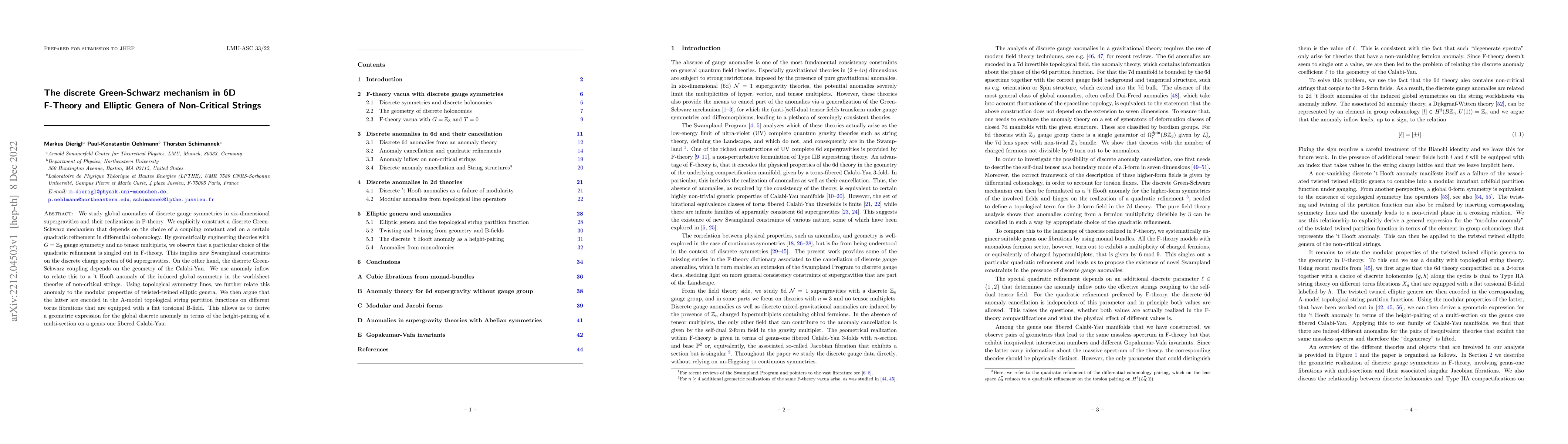 Thumbnail for The discrete Green-Schwarz mechanism in 6D F-Theory and Elliptic Genera
  of Non-Critical Strings