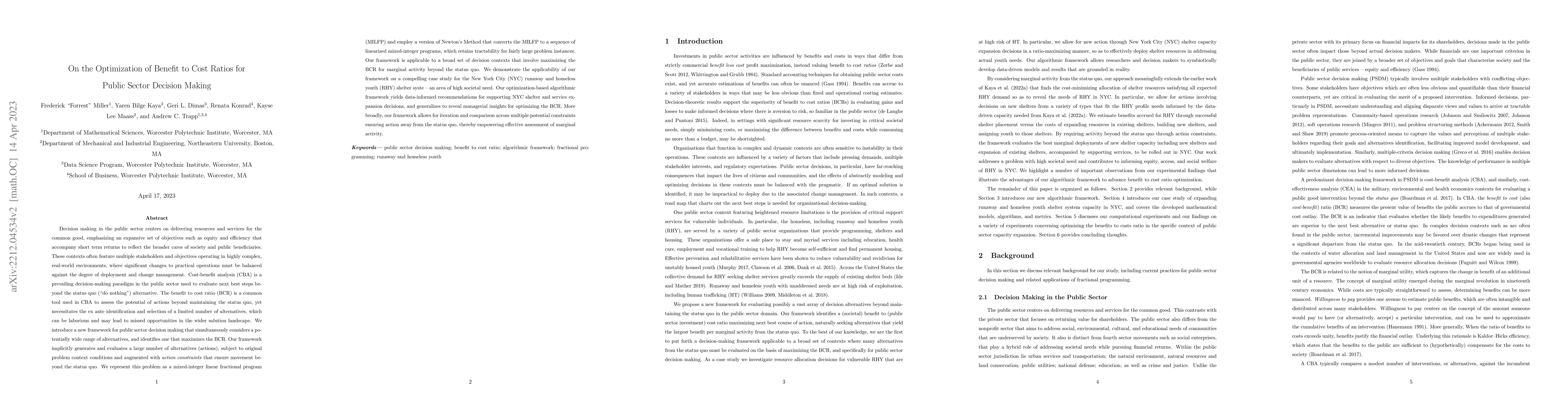 Thumbnail for On the Optimization of Benefit to Cost Ratios for Public Sector Decision
  Making
