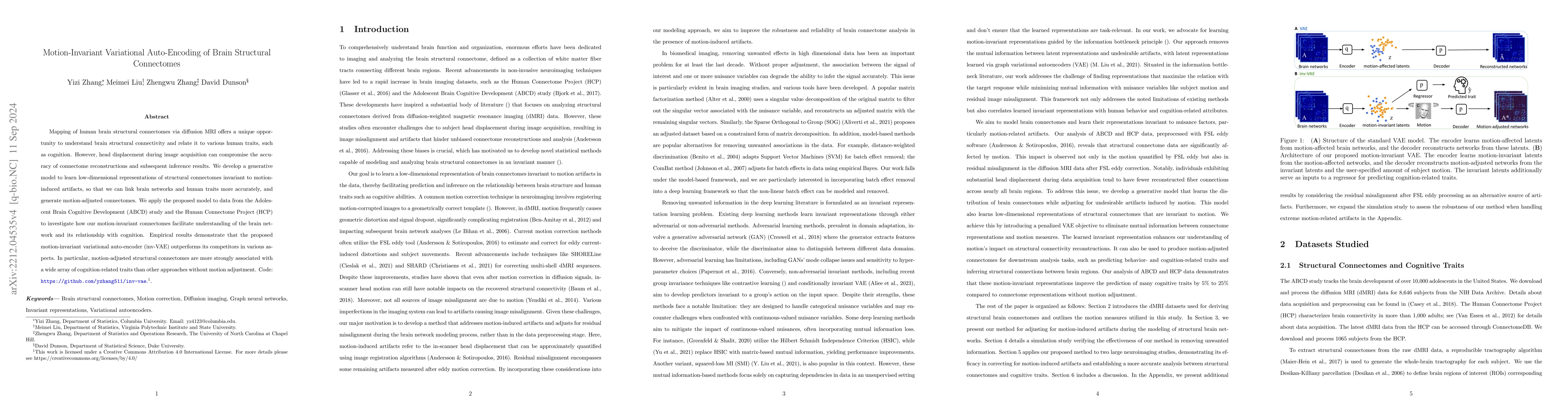 Thumbnail for Motion-Invariant Variational Auto-Encoding of Brain Structural
  Connectomes