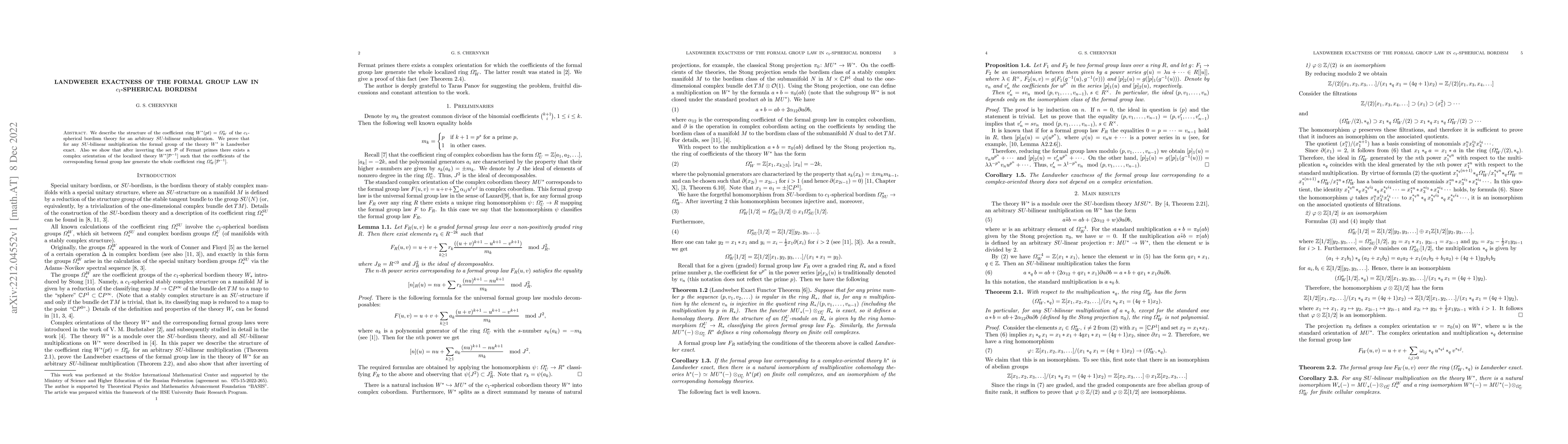 Thumbnail for Landweber exactness of the formal group law in $c_1$-spherical bordism