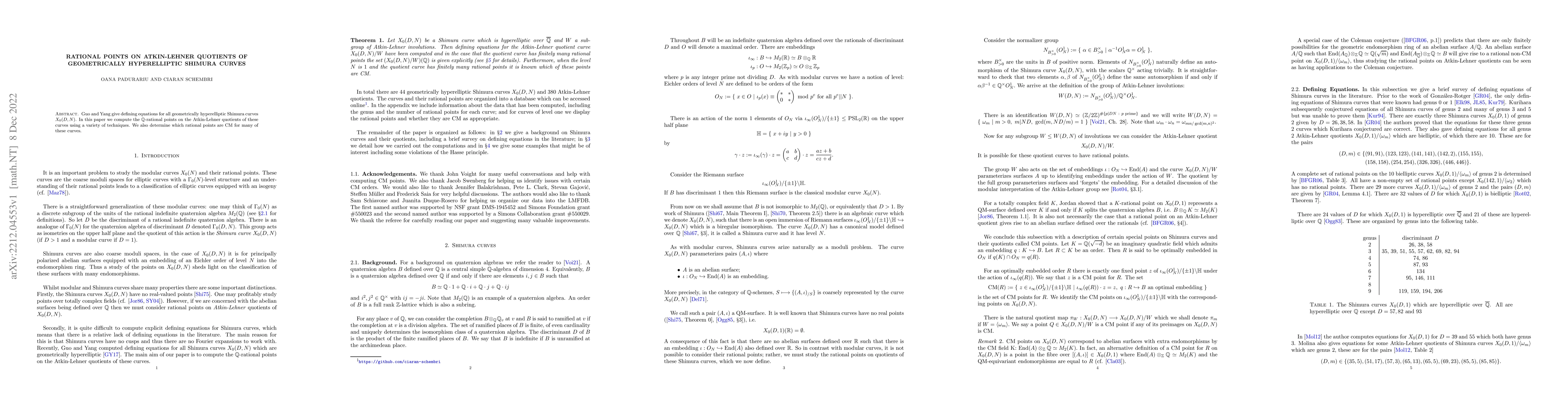 Thumbnail for Rational points on Atkin-Lehner quotients of geometrically hyperelliptic
  Shimura curves