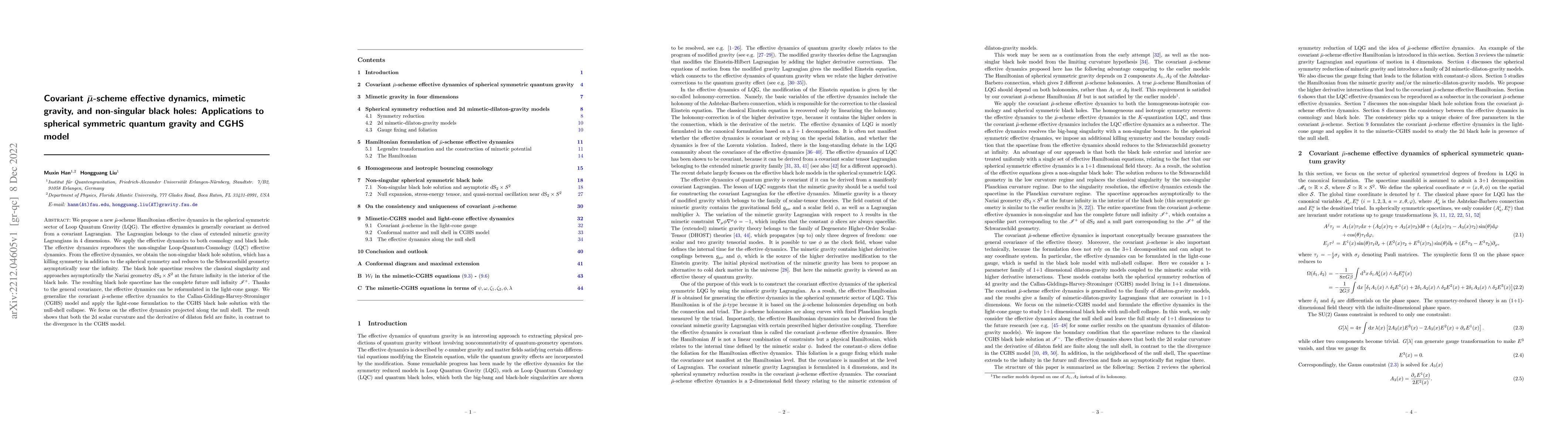 Thumbnail for Covariant ${\bar{\mu}}$-scheme effective dynamics, mimetic gravity, and
  non-singular black holes: Applications to spherical symmetric quantum gravity
  and CGHS model