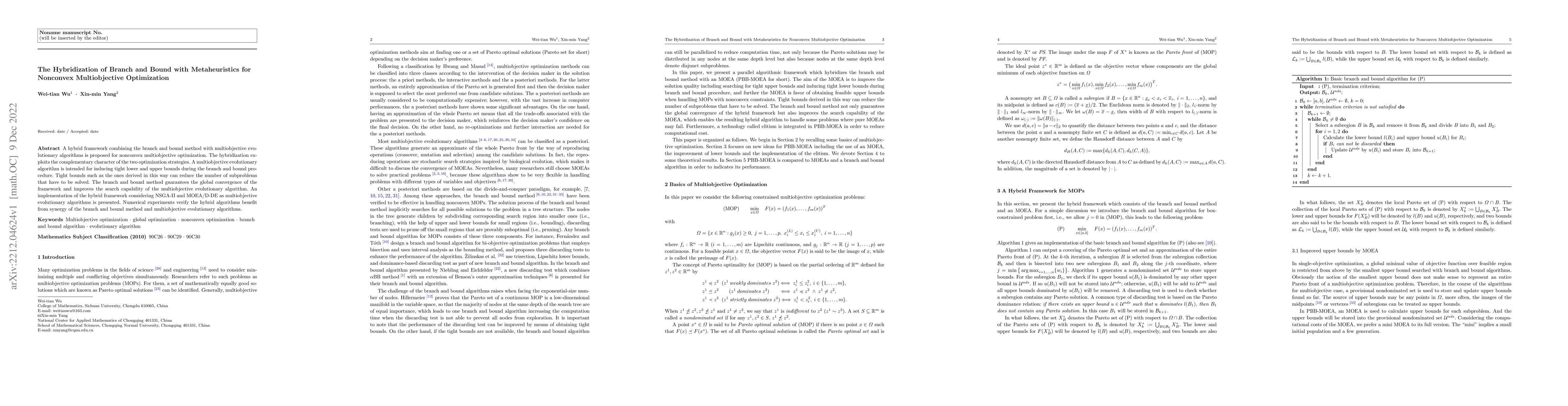 Thumbnail for The Hybridization of Branch and Bound with Metaheuristics for Nonconvex
  Multiobjective Optimization