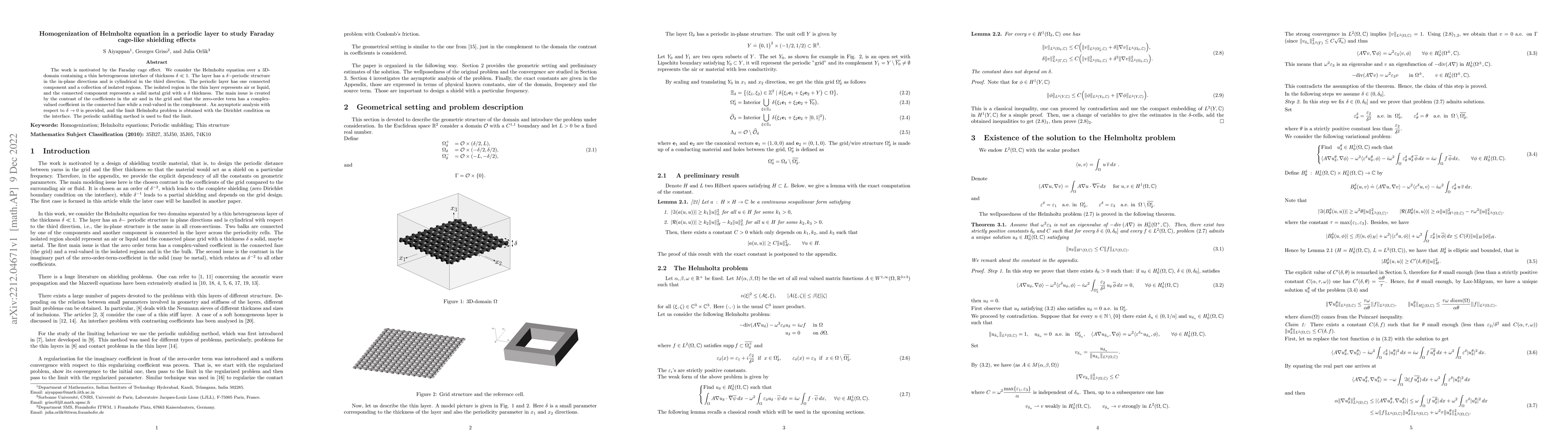 Thumbnail for Homogenization of Helmholtz equation in a periodic layer to study
  Faraday cage-like shielding effects