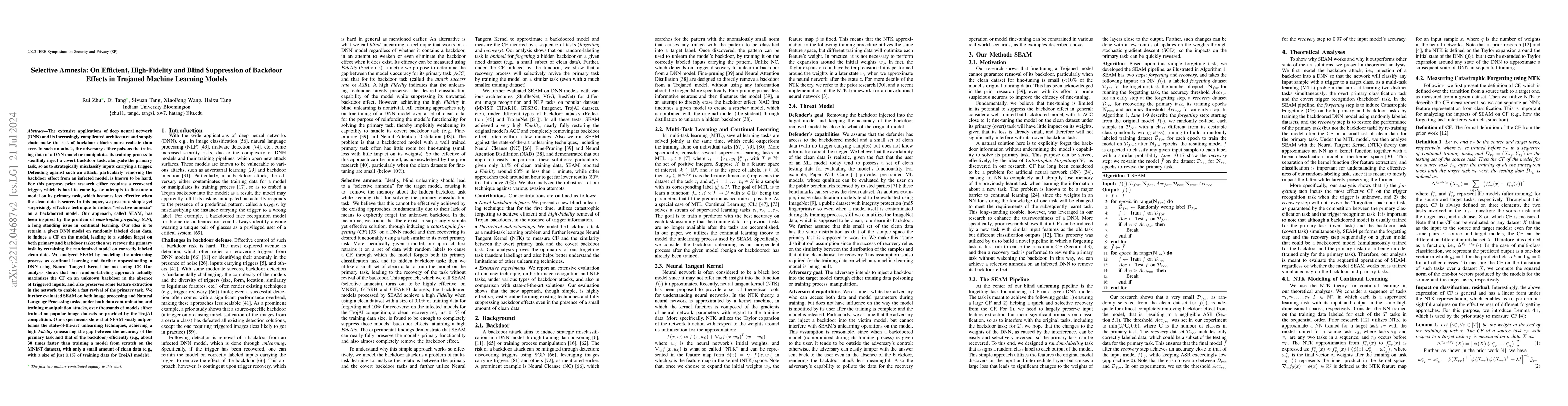 Thumbnail for Selective Amnesia: On Efficient, High-Fidelity and Blind Suppression of
  Backdoor Effects in Trojaned Machine Learning Models