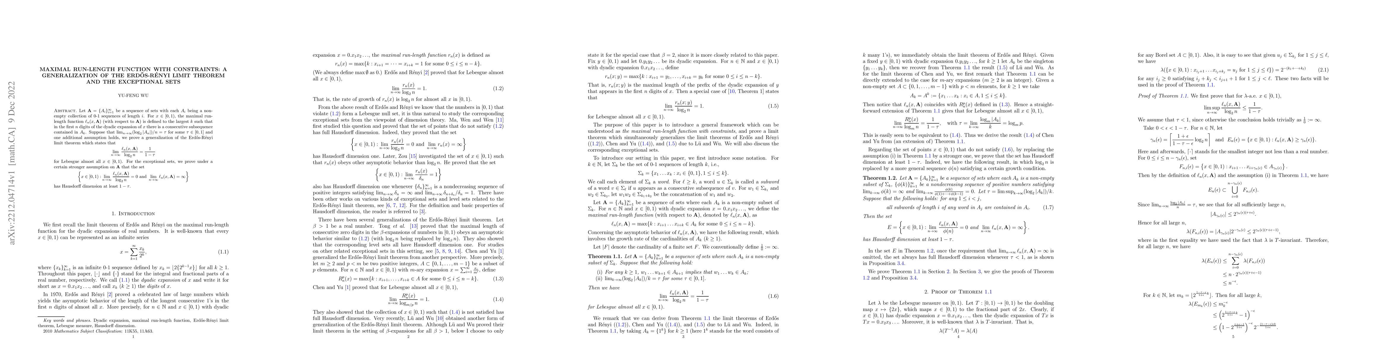 Thumbnail for Maximal run-length function with constraints: a generalization of the
  Erd\H{o}s-R\'enyi limit theorem and the exceptional sets