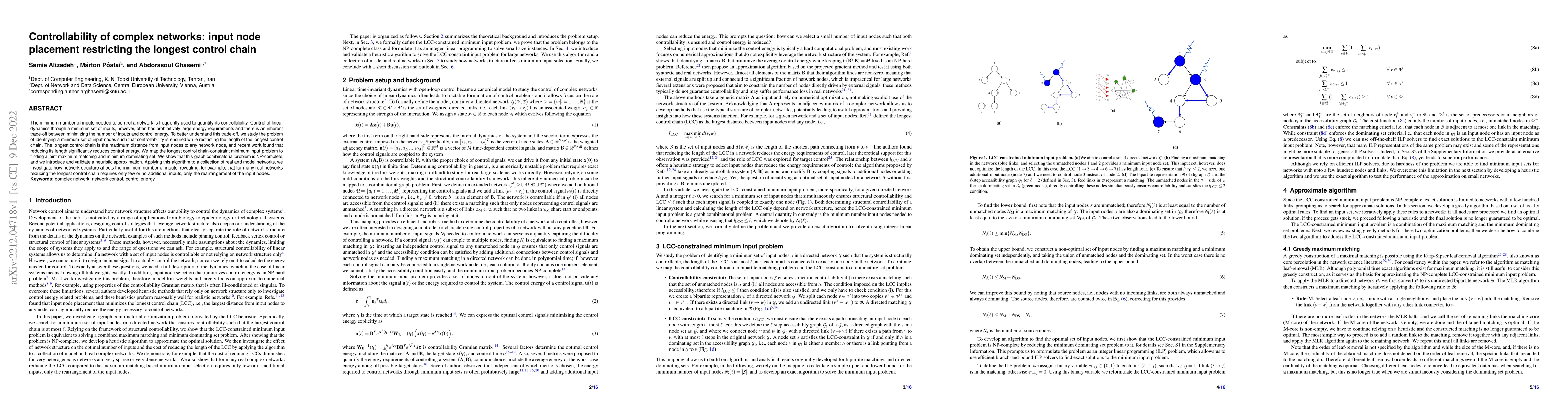 Thumbnail for Controllability of complex networks: input node placement restricting
  the longest control chain